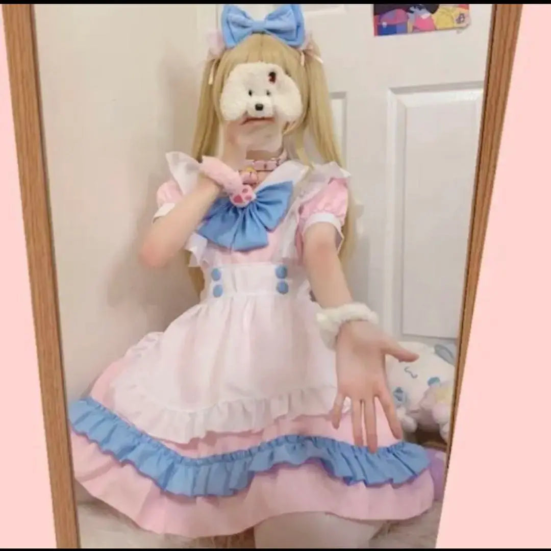 ♡ Ropa de sirvienta cosplay Halloween gato rosa cinta con volantes azules tipo producción en masa