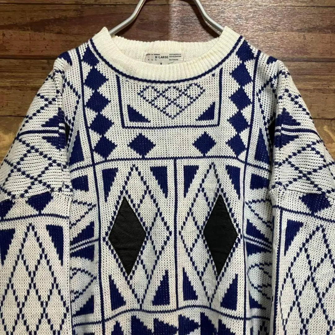 7127 Vintage knit sweater, all-over pattern, patterned knit, leather switching, geometric men's XL