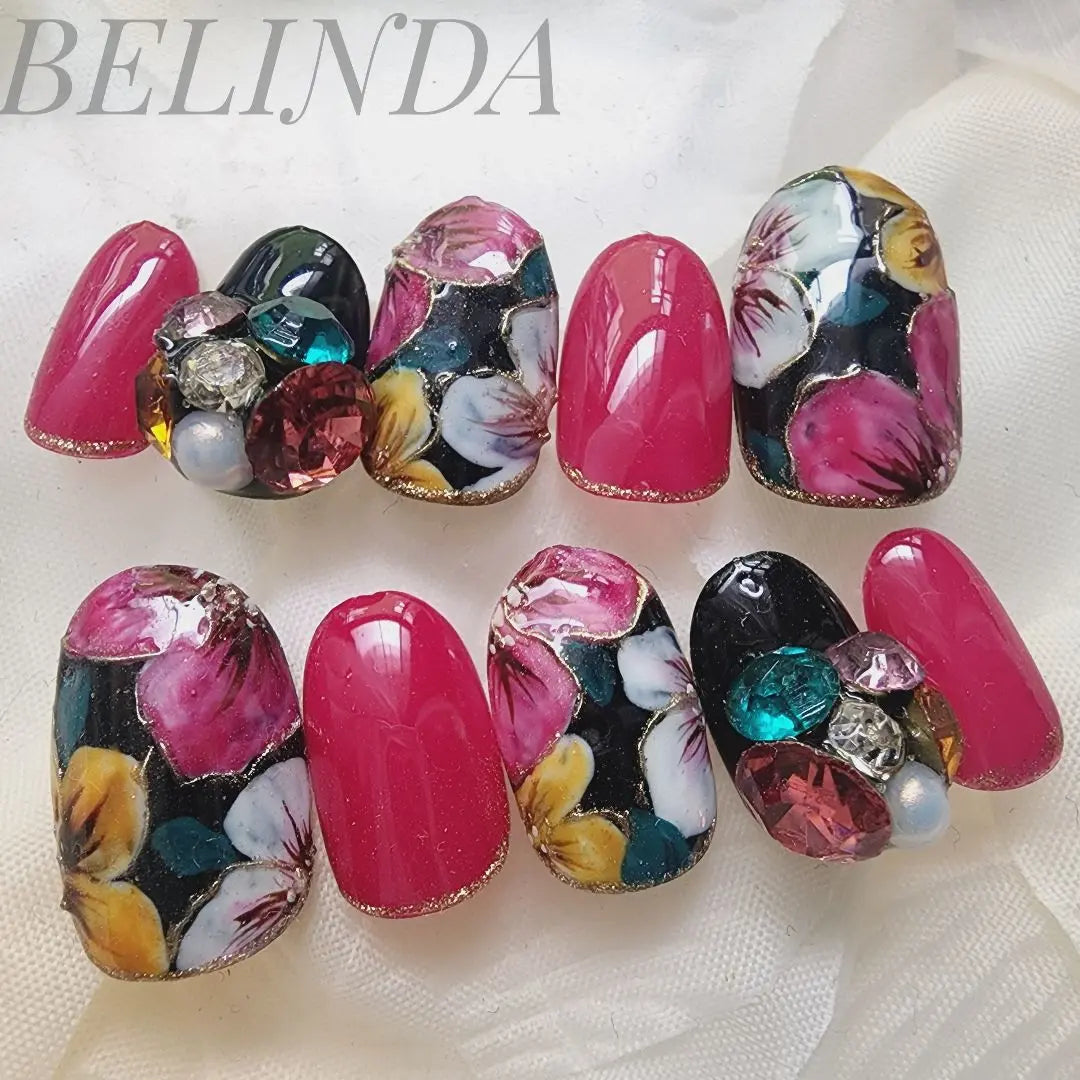 Flower Nail Tip Floral Pattern Bijou False Nail Mode