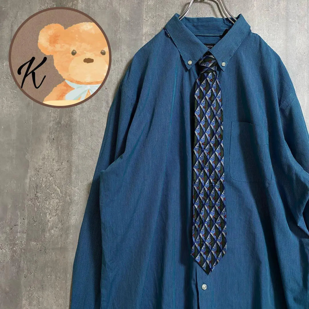 [Atmosphere ◎] Men's Long Sleeve Shirt Striped Blue XL Simple with Tie