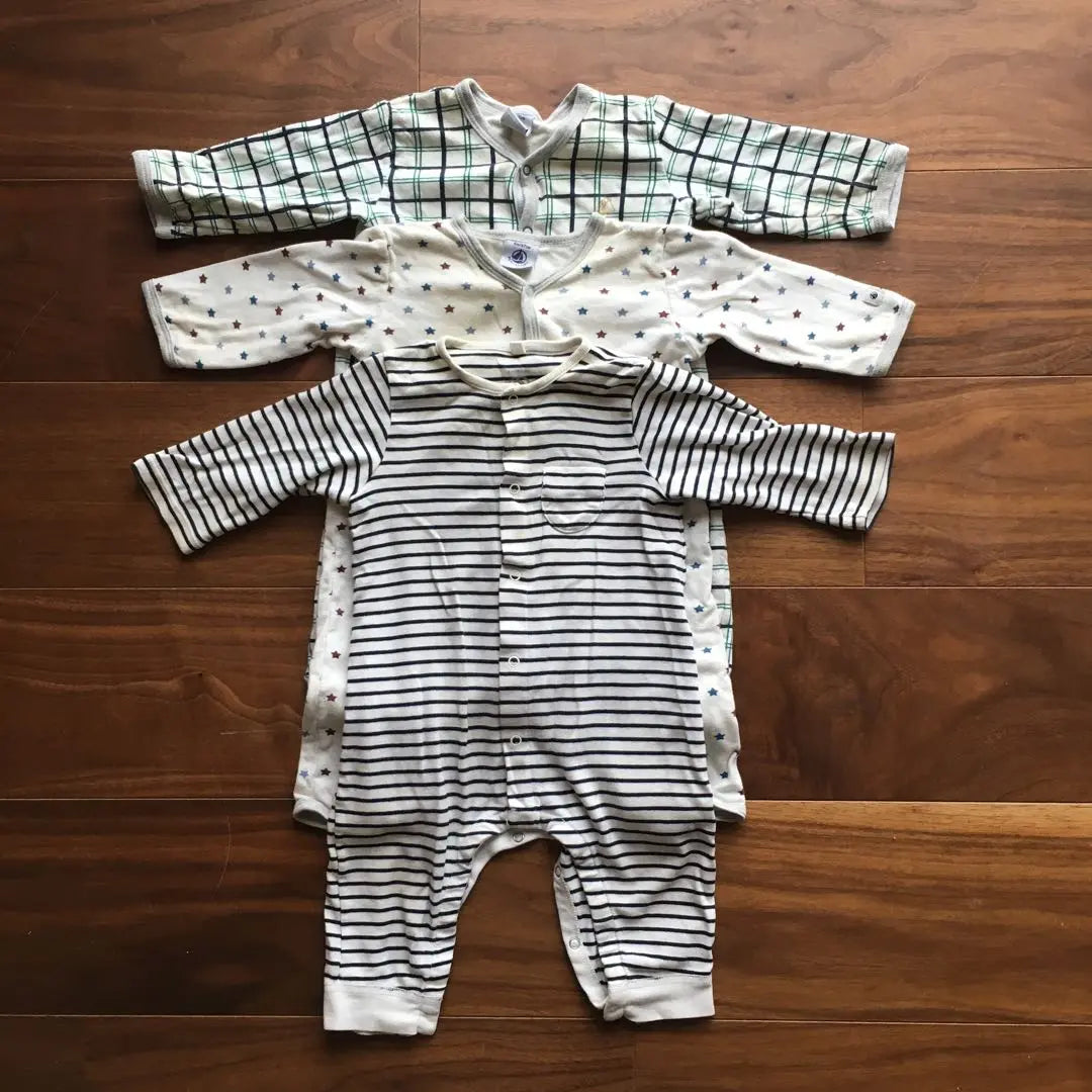 Petit Bateau Baby Romper Long Sleeve [6m 67cm] 3-piece set | プチバトー ベビーロンパース 長袖【6m 67cm】3点セット