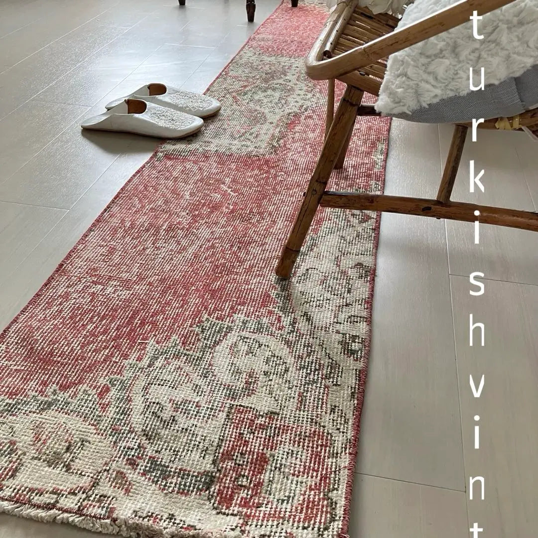 Super long 45 x 205 Red Half Medallion Runner Turkish Vintage Rug