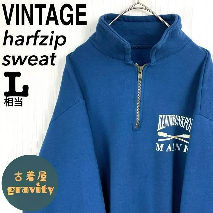 [Popular] US vintage clothing ☆ Half zip sweatshirt One point logo Blue