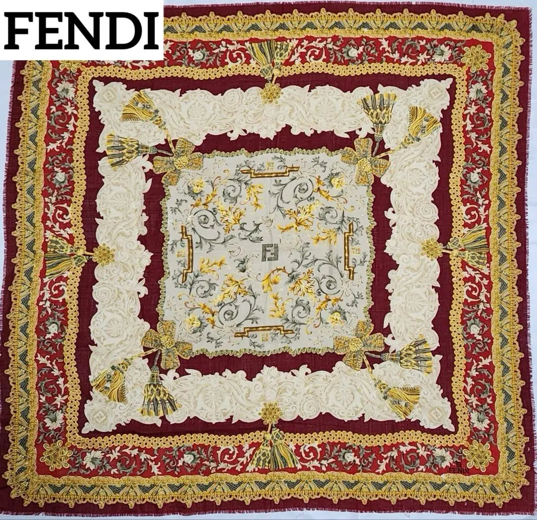 ★FENDI★Stole, shawl, zucca, arabesque, tassel, wool blend, red