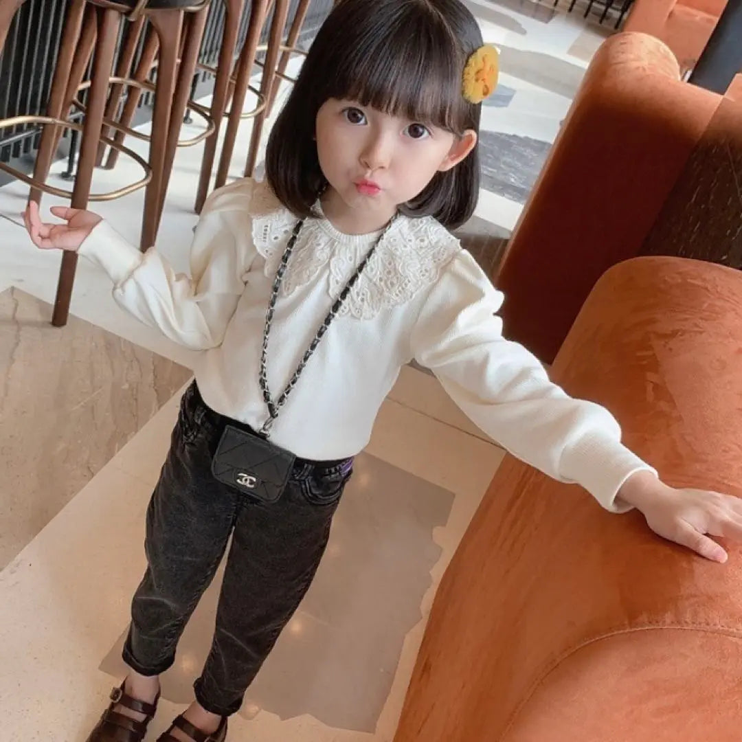 [130] Lace Collared Ribbed T-shirt White Entrance Ceremony Recital Girls Blouse