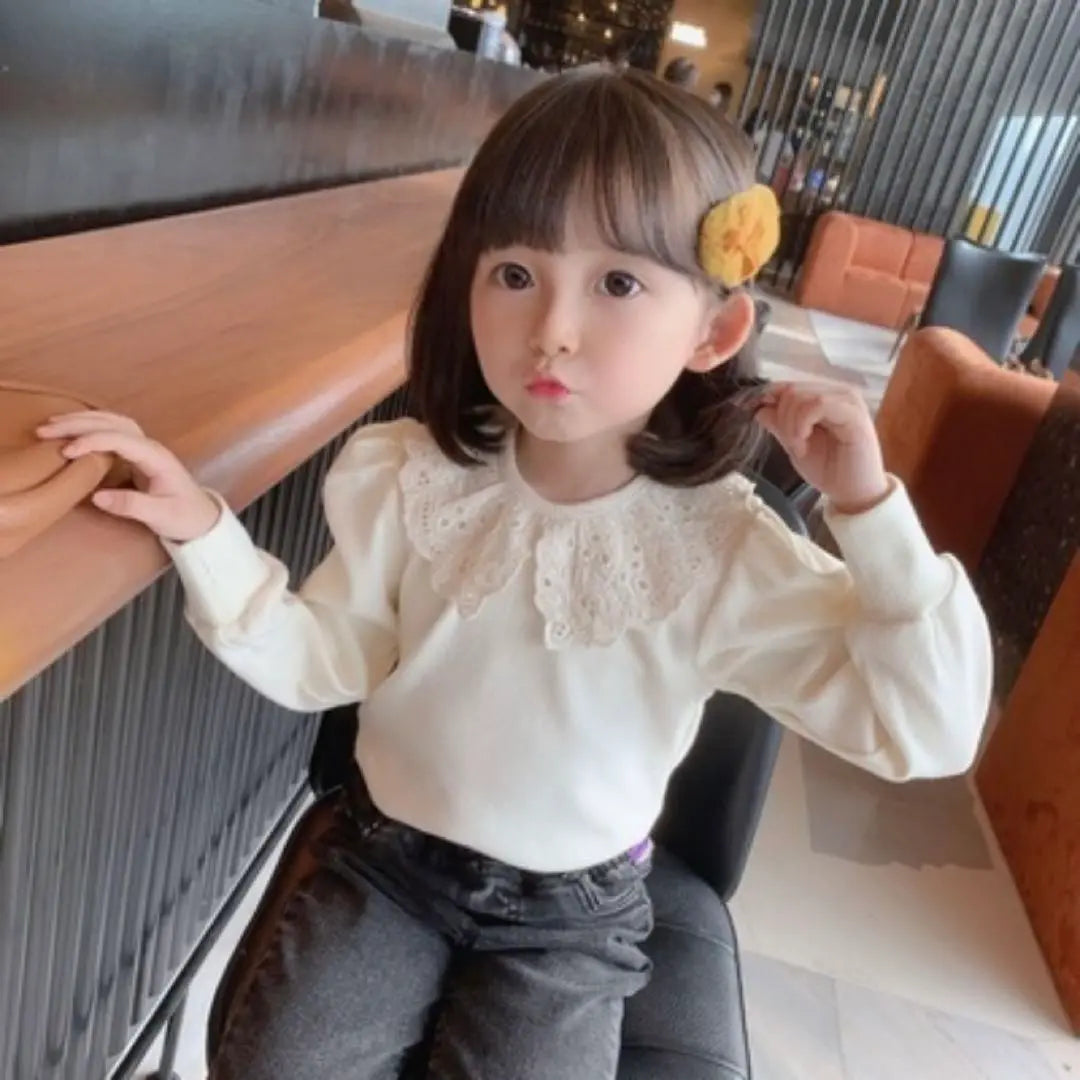 [130] Lace Collared Ribbed T-shirt White Entrance Ceremony Recital Girls Blouse