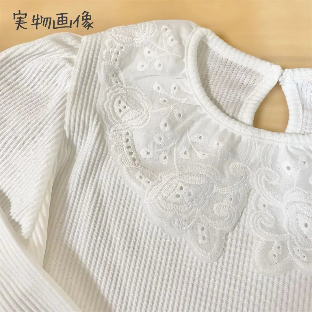 [130] Camiseta de canalé con cuello de encaje Blusa blanca para niñas para ceremonia de entrada y recital