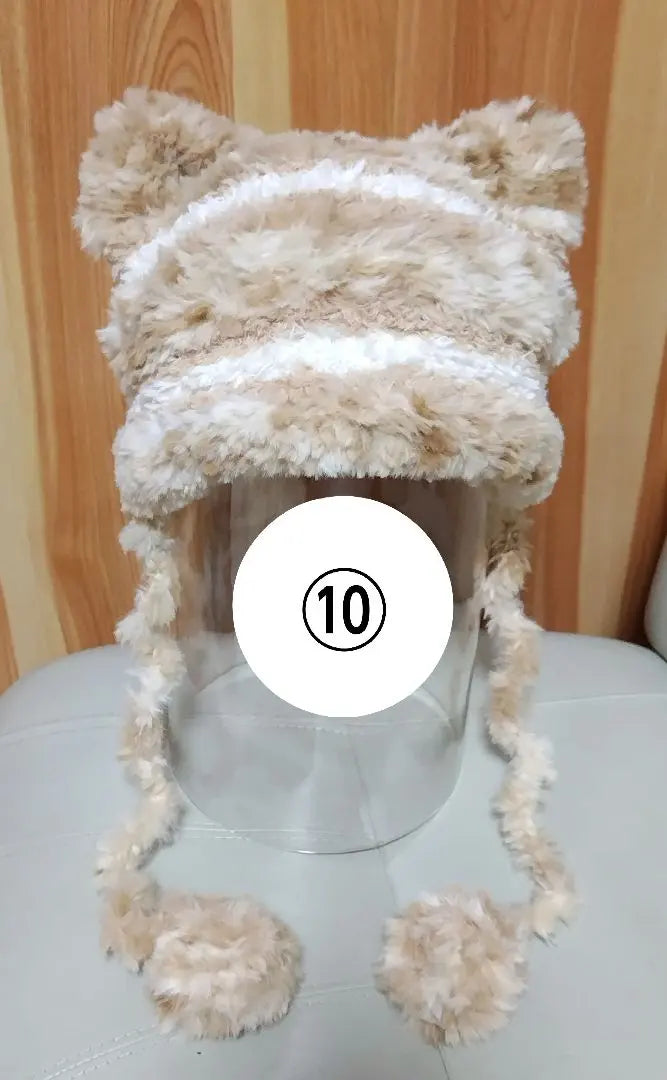 ⑩♡ 1 gorro de punto con orejas de gato y pompón de piel redondo