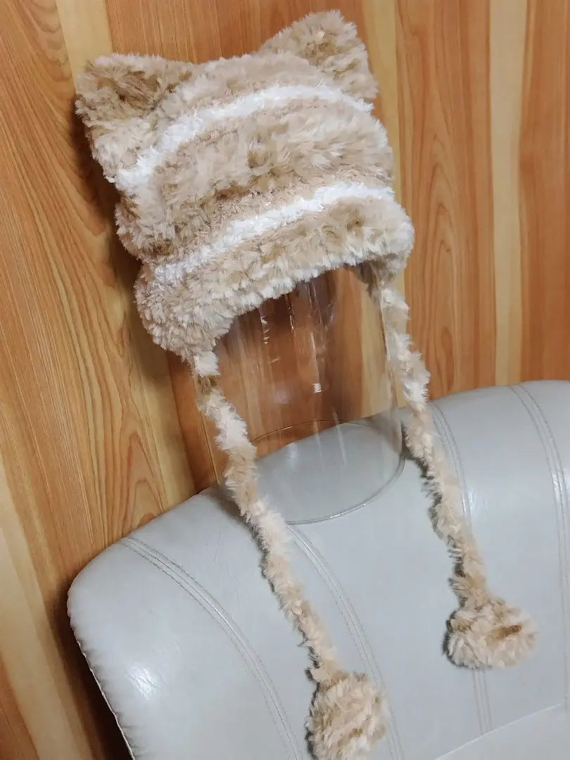 ⑩♡ 1 gorro de punto con orejas de gato y pompón de piel redondo