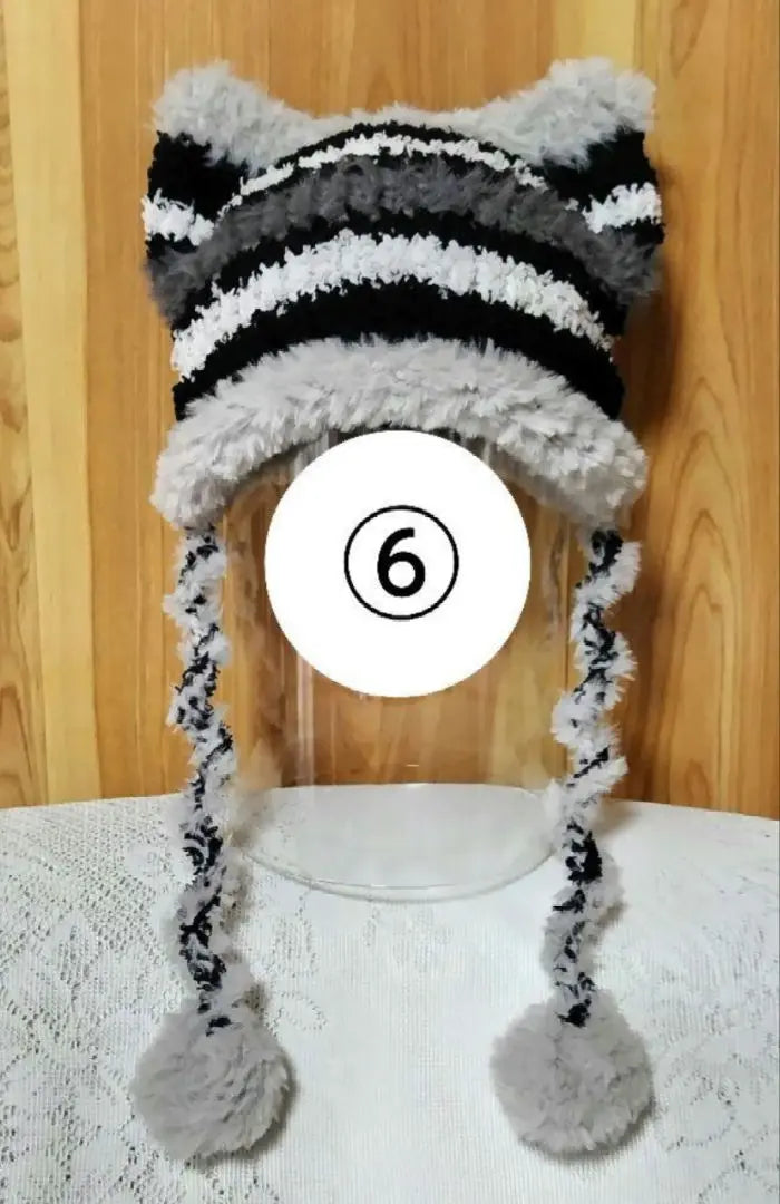 ⑩♡ 1 gorro de punto con orejas de gato y pompón de piel redondo