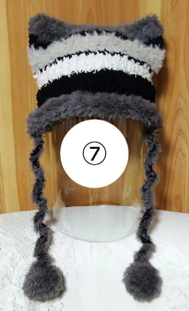 ⑩♡ 1 gorro de punto con orejas de gato y pompón de piel redondo