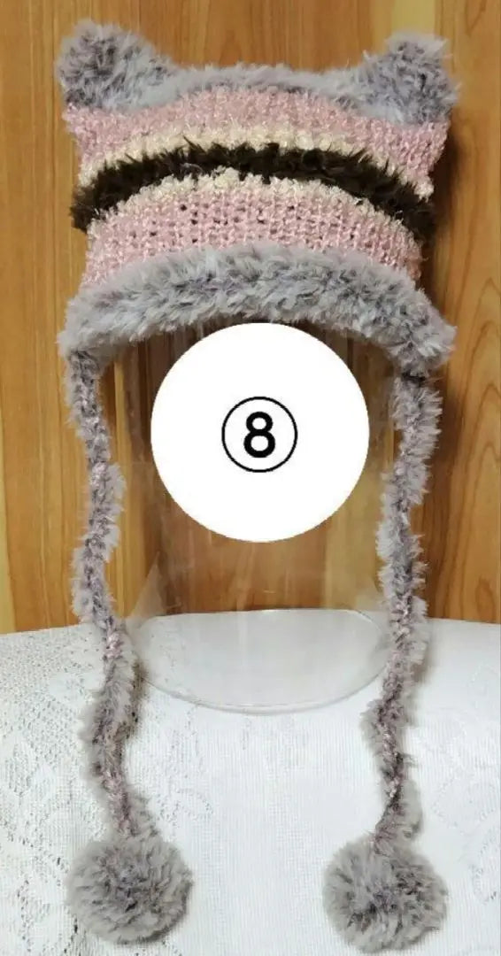 ⑩♡ 1 gorro de punto con orejas de gato y pompón de piel redondo