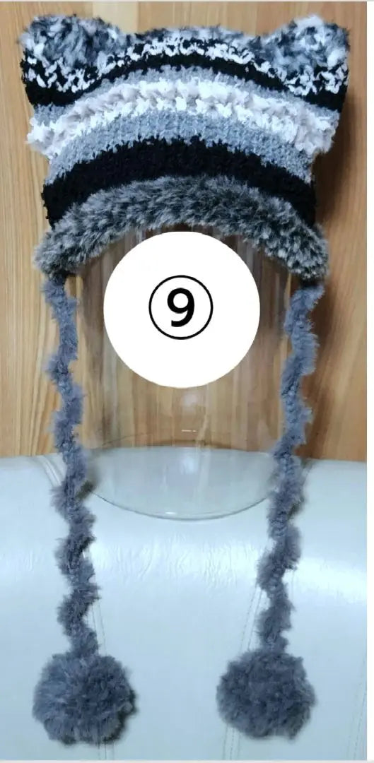 ⑩♡ 1 gorro de punto con orejas de gato y pompón de piel redondo