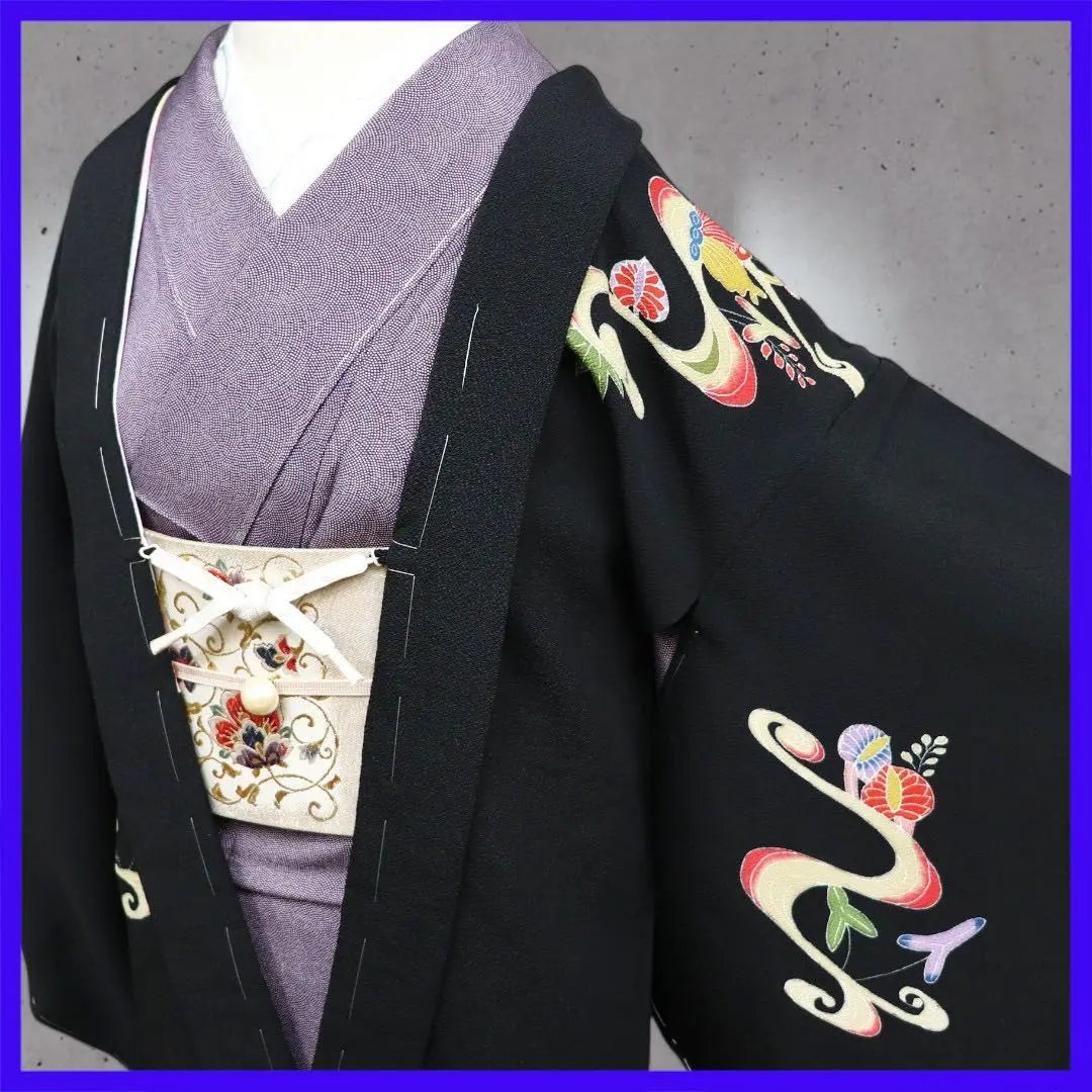 H2309★ Kimono Atsuyuki ★ Unused pure silk, black haori, crepe fabric, haori string included