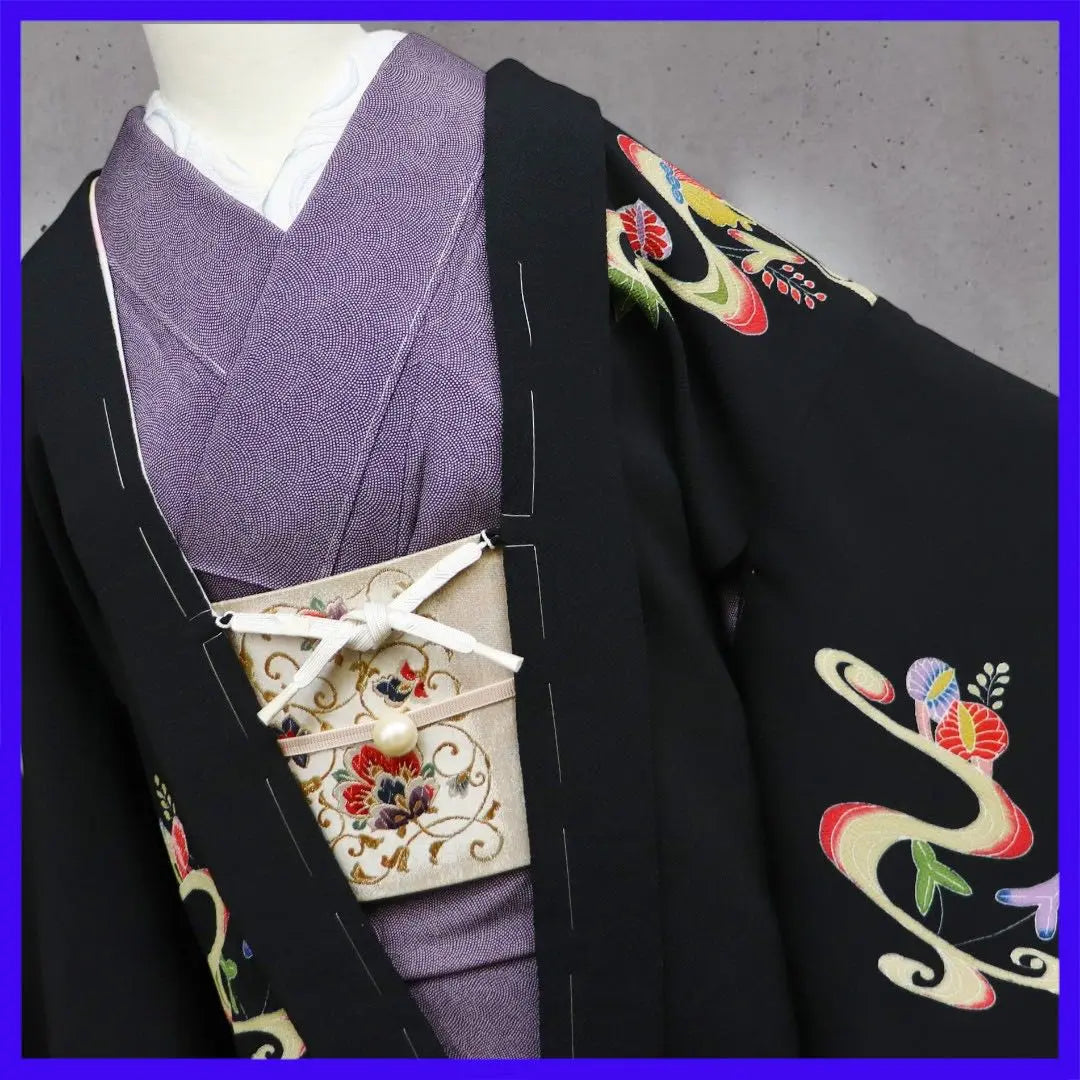 H2309★ Kimono Atsuyuki ★ Unused pure silk, black haori, crepe fabric, haori string included