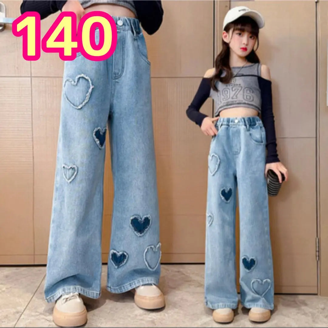 Wide Pants 140 Kids Denim Heart Long Pants Jeans Children's Clothing Korea