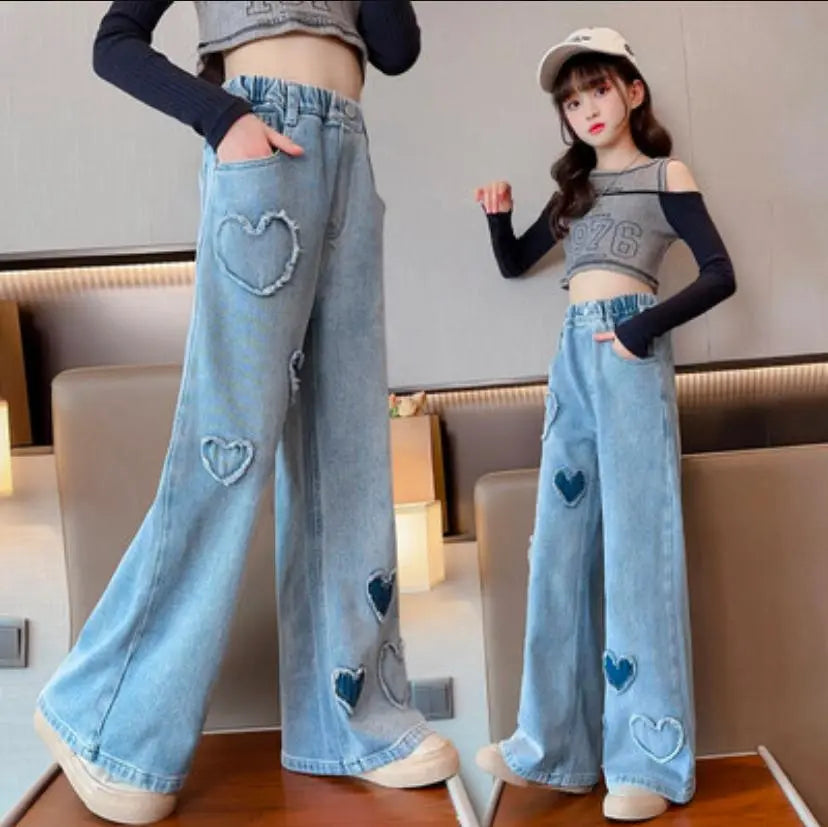 Wide Pants 140 Kids Denim Heart Long Pants Jeans Children's Clothing Korea