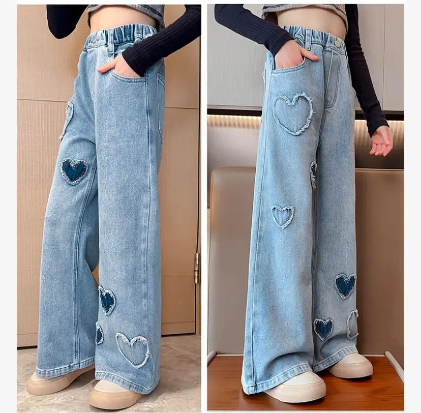 Wide Pants 140 Kids Denim Heart Long Pants Jeans Children's Clothing Korea