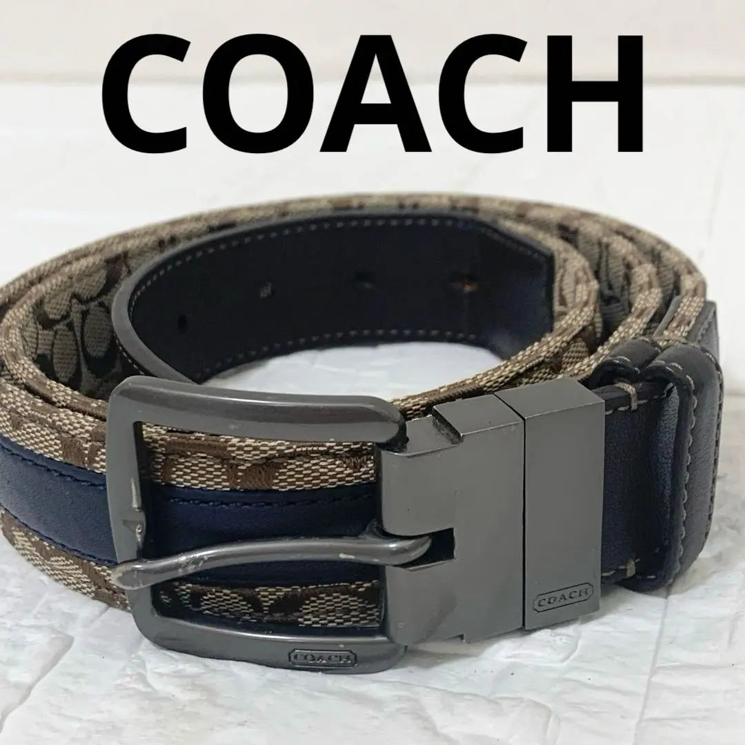 COACH coach Signature Belt Beige Navy Men's