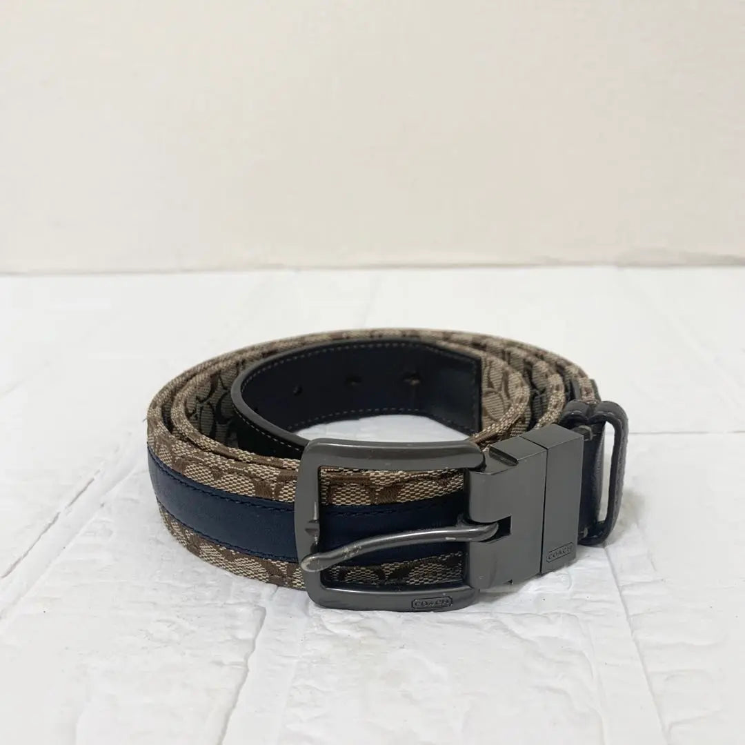 COACH coach Signature Belt Beige Navy Men's