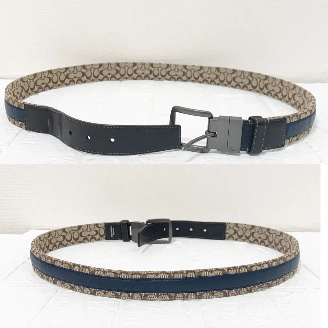 COACH coach Signature Belt Beige Navy Men's