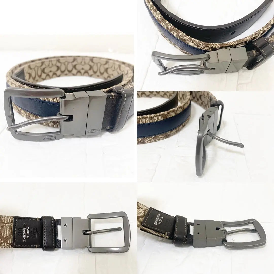 COACH coach Signature Belt Beige Navy Men's