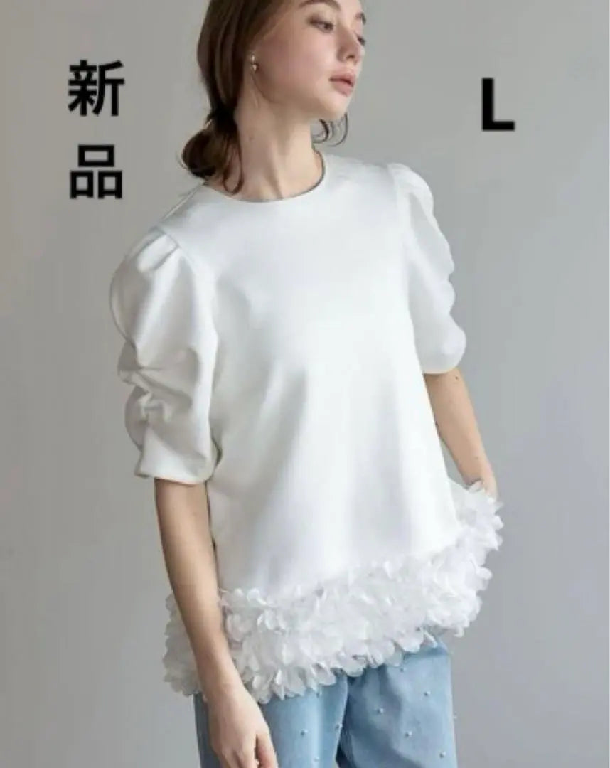 Flower motif Power Shortunic Tops White L | フラワーモチーフパワショルチュニックトップス　ホワイト　L