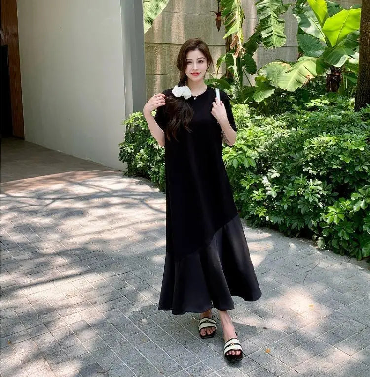 Large size women's long dress, spring/summer, autumn, new, short sleeves, black | 大きいサイズ レディース ロング　ワンピース　春夏 秋 新品 半袖　ブラック