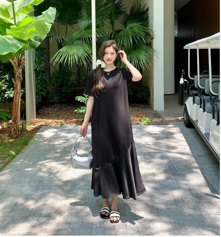 Vestido largo de mujer talla grande, primavera/verano, otoño, nuevo, manga corta, negro | 大きいサイズ レディース ロング ワンピース 春夏 秋 新品 半袖 ブラック