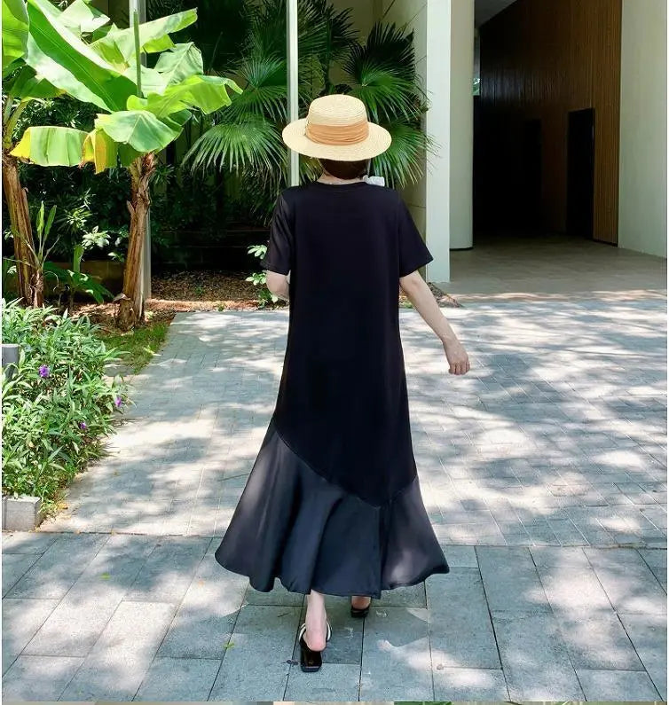 Large size women's long dress, spring/summer, autumn, new, short sleeves, black | 大きいサイズ レディース ロング　ワンピース　春夏 秋 新品 半袖　ブラック