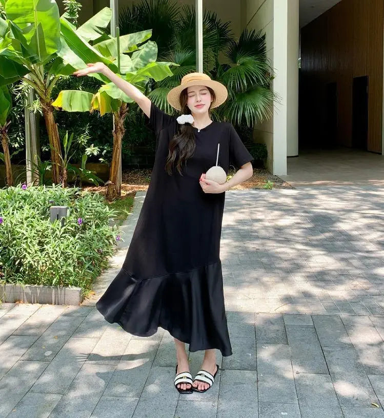 Large size women's long dress, spring/summer, autumn, new, short sleeves, black | 大きいサイズ レディース ロング　ワンピース　春夏 秋 新品 半袖　ブラック