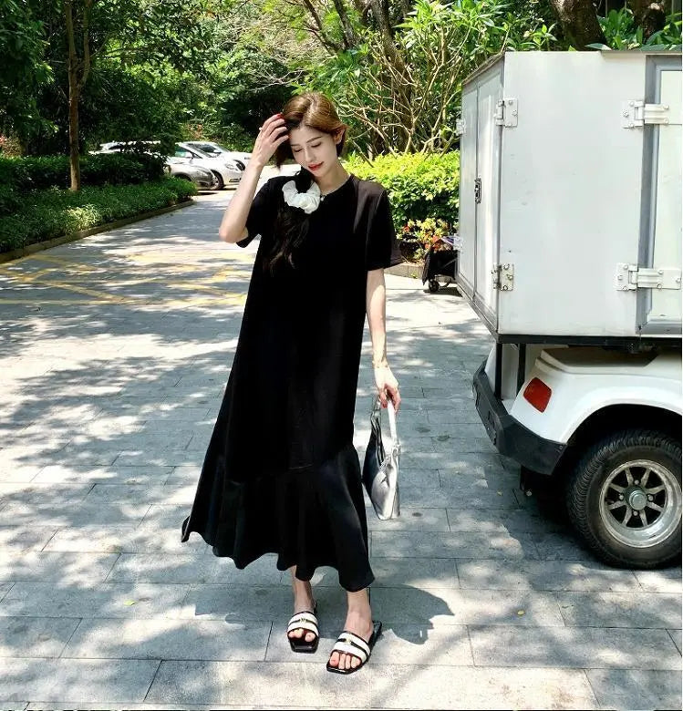 Large size women's long dress, spring/summer, autumn, new, short sleeves, black | 大きいサイズ レディース ロング　ワンピース　春夏 秋 新品 半袖　ブラック