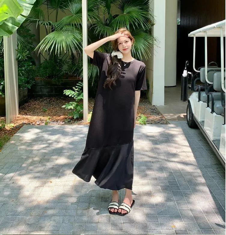 Vestido largo de mujer talla grande, primavera/verano, otoño, nuevo, manga corta, negro | 大きいサイズ レディース ロング ワンピース 春夏 秋 新品 半袖 ブラック