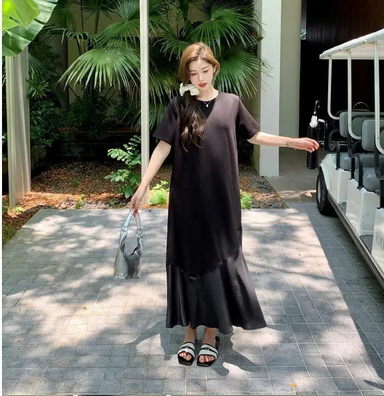 Vestido largo de mujer talla grande, primavera/verano, otoño, nuevo, manga corta, negro | 大きいサイズ レディース ロング ワンピース 春夏 秋 新品 半袖 ブラック