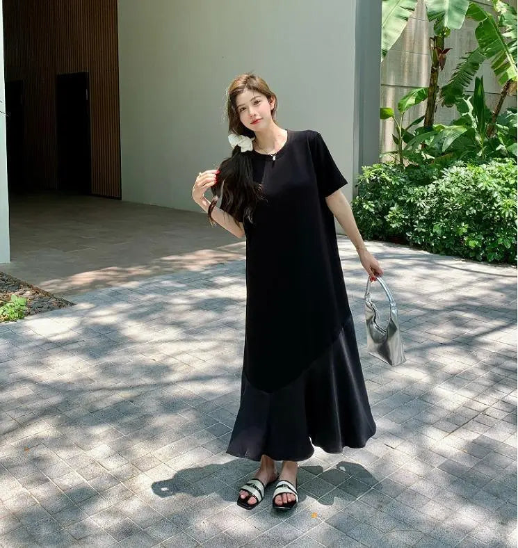 Large size women's long dress, spring/summer, autumn, new, short sleeves, black | 大きいサイズ レディース ロング　ワンピース　春夏 秋 新品 半袖　ブラック