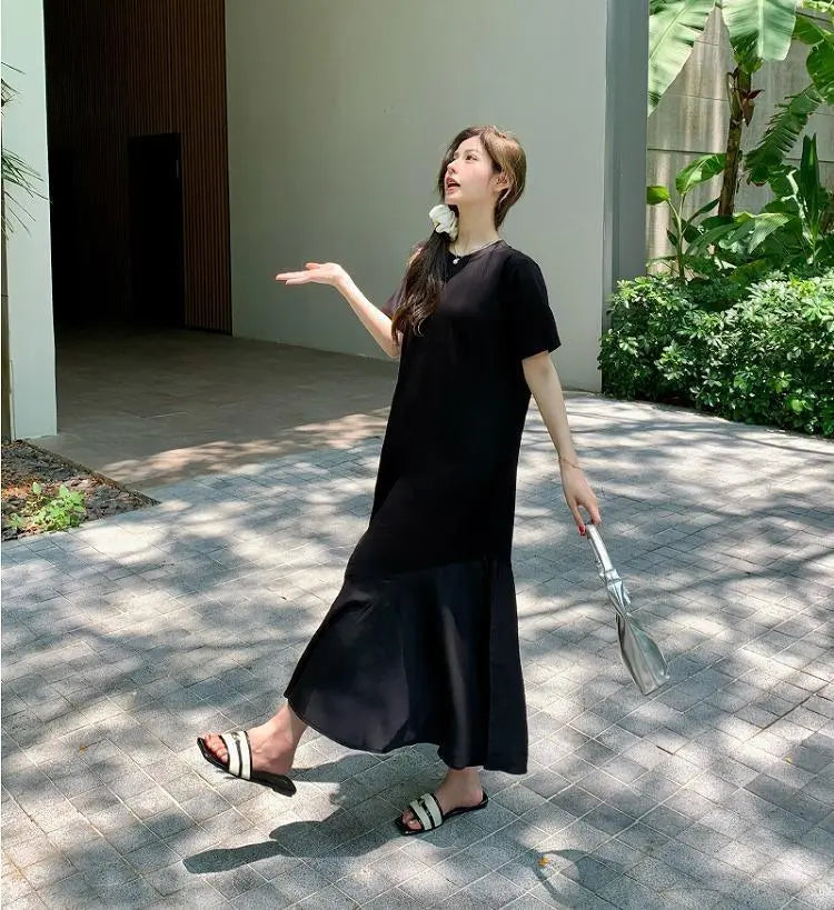 Large size women's long dress, spring/summer, autumn, new, short sleeves, black | 大きいサイズ レディース ロング　ワンピース　春夏 秋 新品 半袖　ブラック