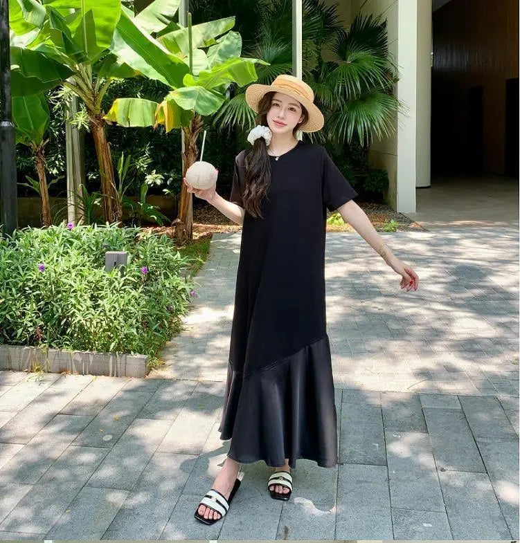 Large size women's long dress, spring/summer, autumn, new, short sleeves, black | 大きいサイズ レディース ロング　ワンピース　春夏 秋 新品 半袖　ブラック