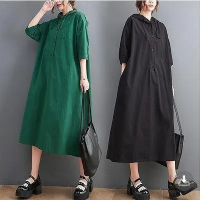 Large Size Women's Spring/Summer/Autumn Parka Dress Hood Short Sleeve