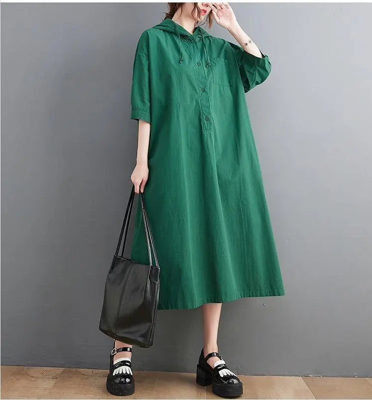 Large Size Women's Spring/Summer/Autumn Parka Dress Hood Short Sleeve