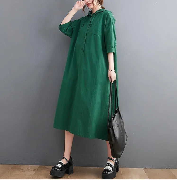 Large Size Women's Spring/Summer/Autumn Parka Dress Hood Short Sleeve