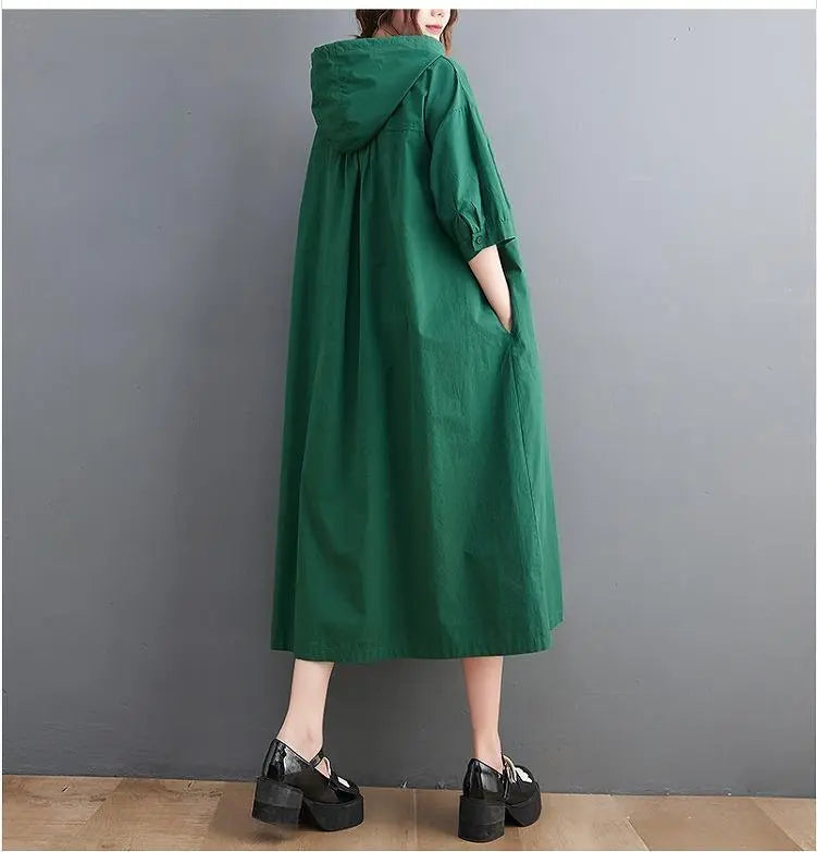 Large Size Women's Spring/Summer/Autumn Parka Dress Hood Short Sleeve