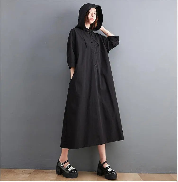 Large Size Women's Spring/Summer/Autumn Parka Dress Hood Short Sleeve