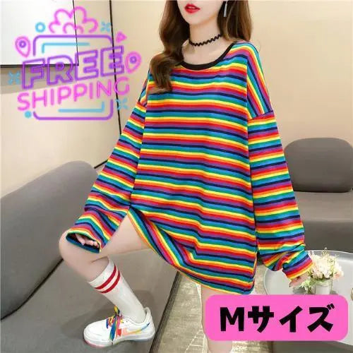 076K15 Oversize Long T Border Rainbow Long Sleeve Korean