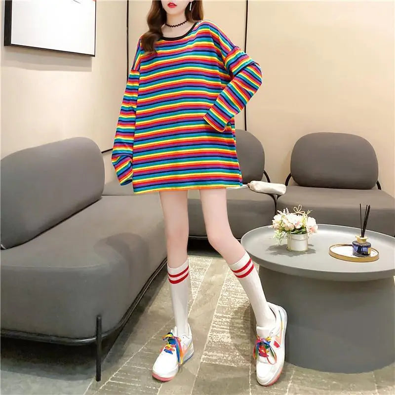 076K15 Oversize Long T Border Rainbow Long Sleeve Korean