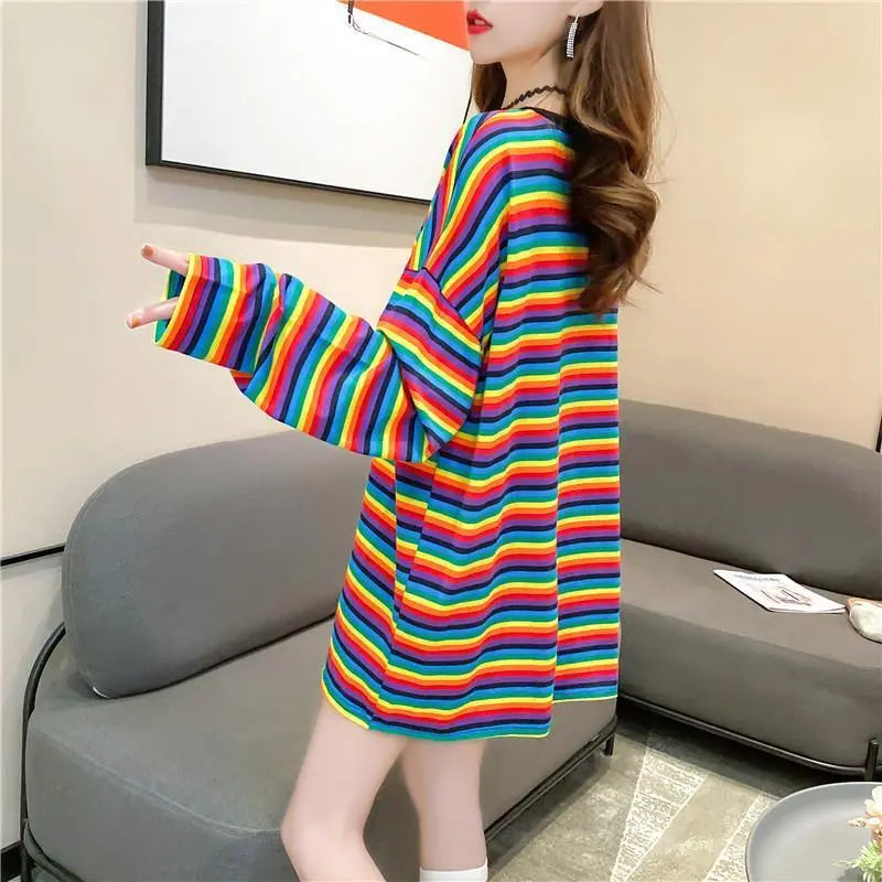 076K15 Oversize Long T Border Rainbow Long Sleeve Korean