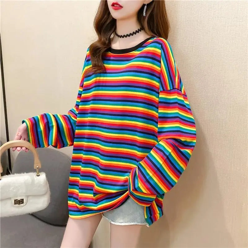 076K15 Oversize Long T Border Rainbow Long Sleeve Korean