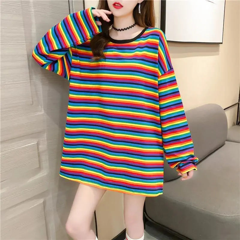 076K15 Oversize Long T Border Rainbow Long Sleeve Korean