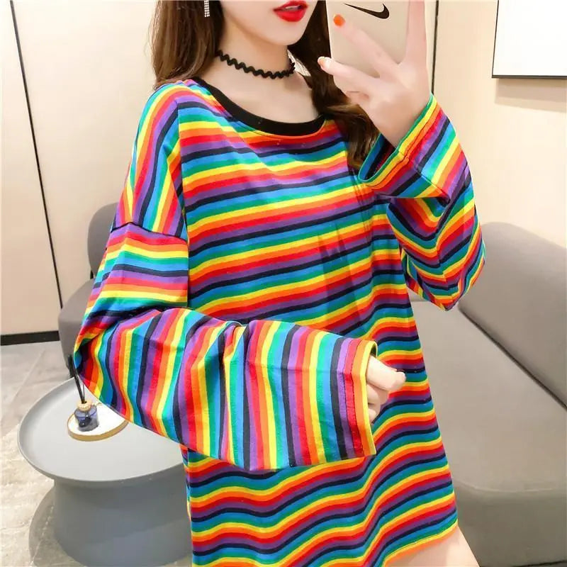 076K15 Oversize Long T Border Rainbow Long Sleeve Korean