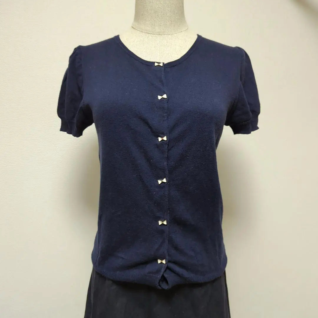 [Good condition ◎] Bomel Three Cardigan Bolero M Ribbon Feminine Navy