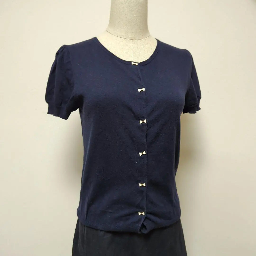 [Good condition ◎] Bomel Three Cardigan Bolero M Ribbon Feminine Navy